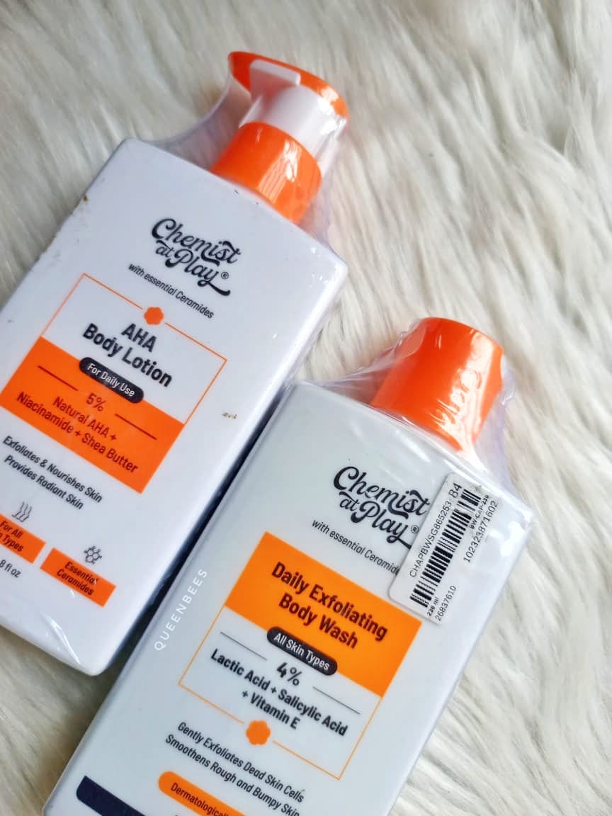 Chemist at play exfoliating  bodywash+ aha body lotion combo